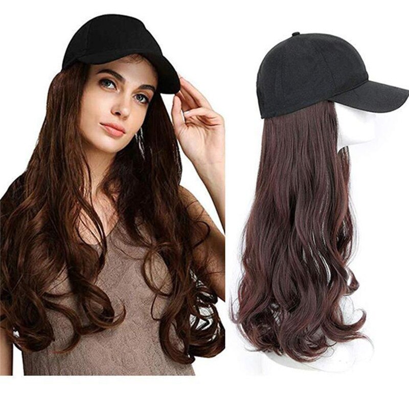 Long Synthetic Baseball Cap Hair Wig Natural Black / Brown Wavy Wigs Naturally Connect Synthetic Hat Wig Adjustable For Girl