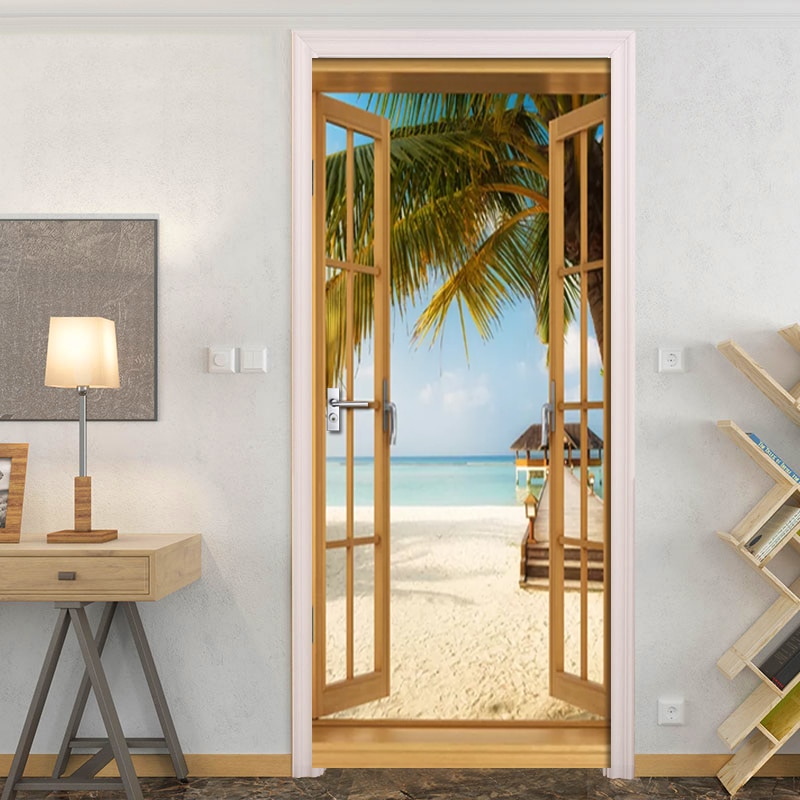 2 stks/set 3D Beach view van de seaStickers Deur Muur Sticker DIY Mural Voor Room Home Decor Poster PVC Waterdicht deur Sticker
