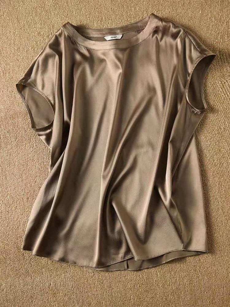 Camisetas de manga corta finas de seda para mujer, ropa de verano de estilo coreano, Tops elegantes negros y marrones, Tops sólidos holgados informales de talla grande 4XL