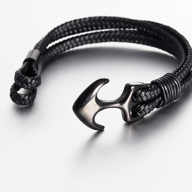 Charm Multilayer Men Leather Bracelet Black Gold Black Stainless Steel Survival Rope Anchor Bracelets for Men Male Jewelry