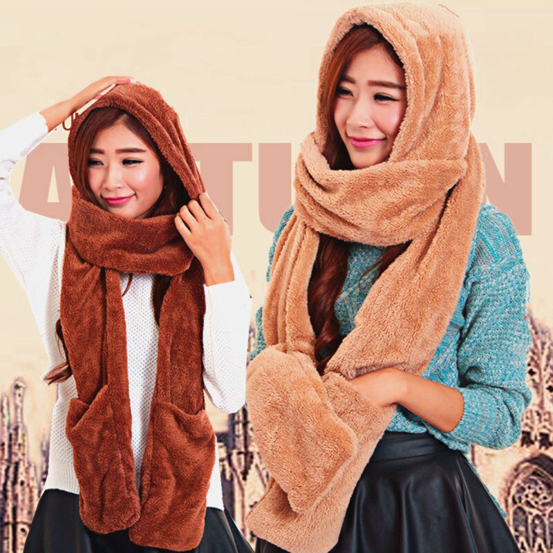 3 in 1 Women Warm Hood Scarf Snood Pocket Gloves Hat Comfortable Warm for Winter Outdoor Sets-B5