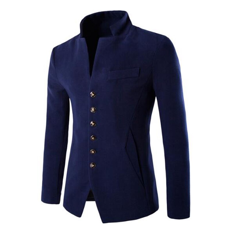 Autumn Blazer Men Chinese Collar Suit Mens Blazer Casual Jacket Men Brand Clothing: Navy Bue / XL