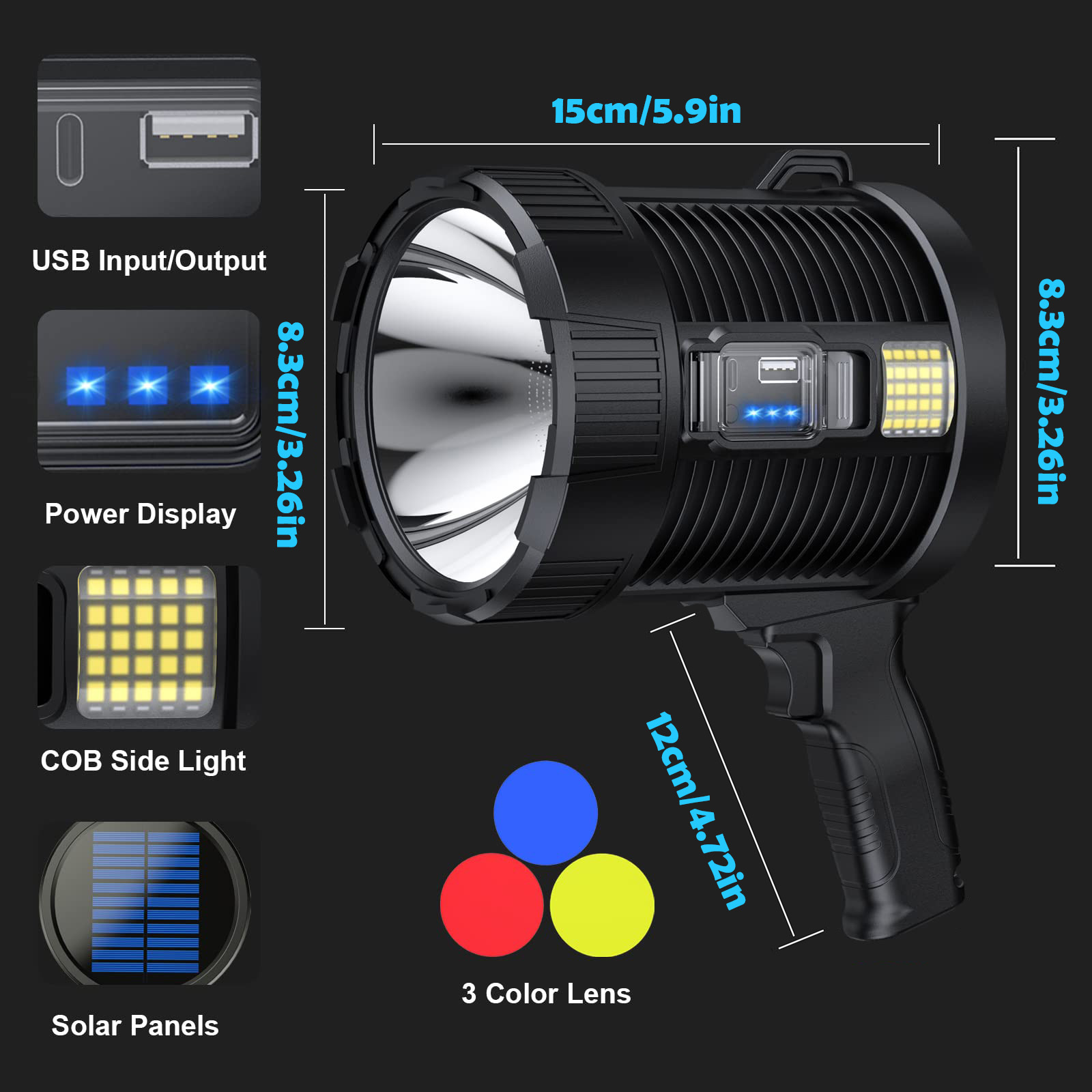 Foco Recargable 900000 Focos Led de lúmenes, linterna grande de mano, focos solares superbrillantes para exteriores, reflector: changeable