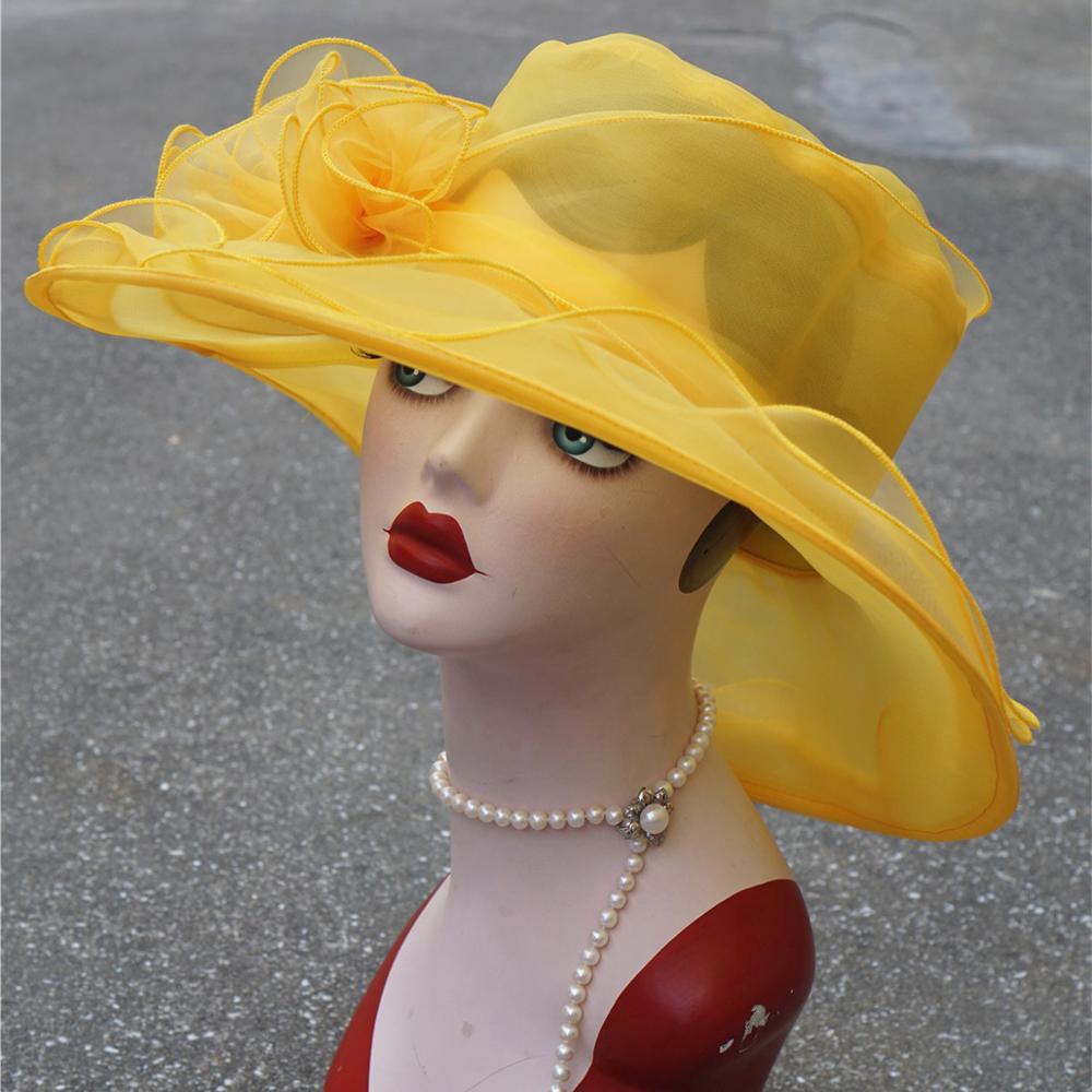 Lawliet Summer Hats for Women Organza Wide Brim Sun Hat Kentucky Derby Wedding Church Tea Party Floral Cap A002