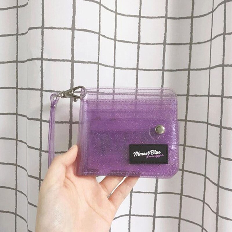 Genomskinlig id-korthållare pvc vikbar kort plånbok högklassig kvinnor flicka glitter visitkort fodral handväska med snodd