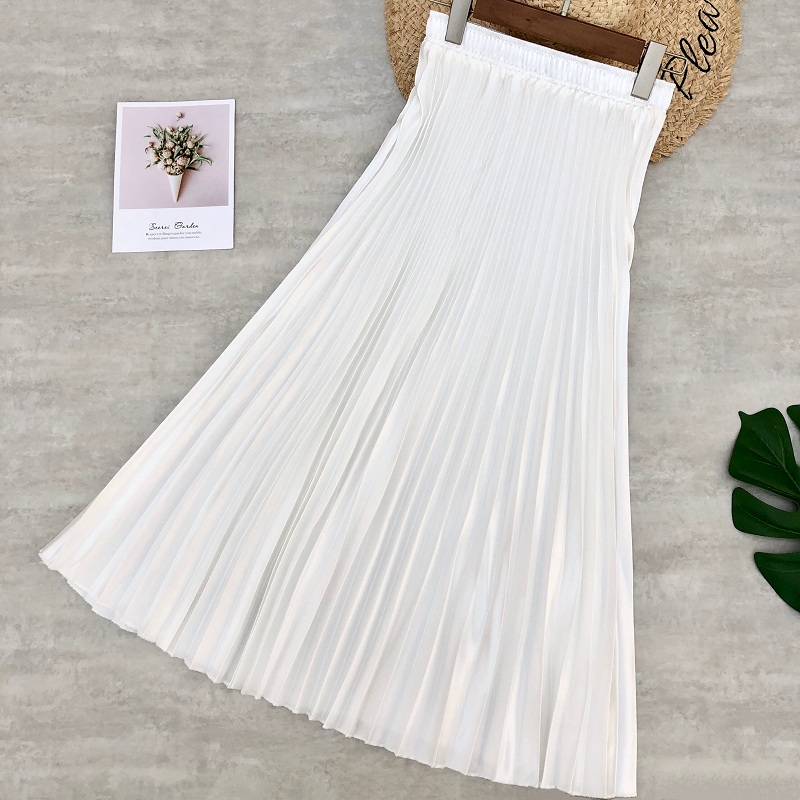 Forår kvinder midi nederdele metallic farve skinnende plisseret nederdel ensfarvet sølv guld lang nederdel satin femme jupe kontor dame: Hvid
