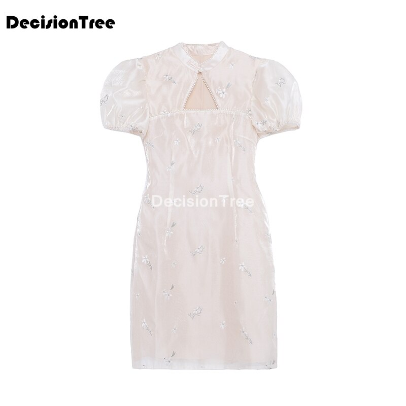 Vestido chino de estilo chino para Encaje vintage, vestido blanco satinado con flores, cheongsam, corto,