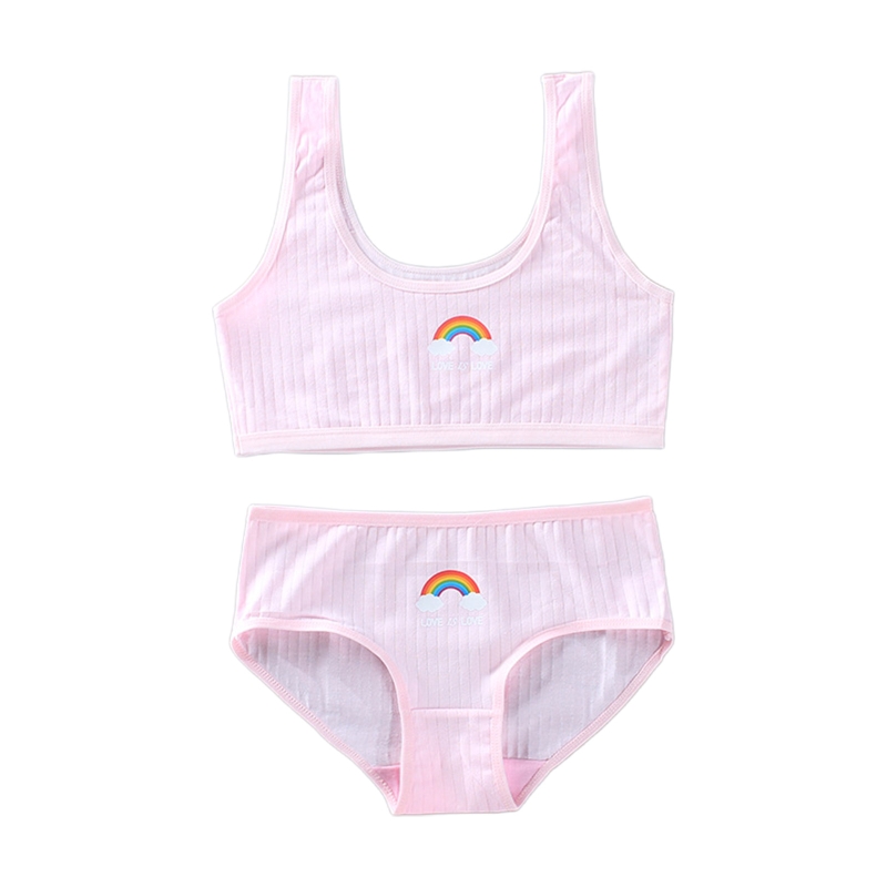 Teenage Young Girls 2 Piece Underwear Set Rainbow Bridge Print Cotton Training Bra Vest Top and Matching Panties Sports Bralette: Pink