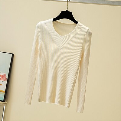 Herfst winter truien dames chique v-hals slanke trui dames gebreide truien lange mouwen warme basic zwarte tops: Abrikoos