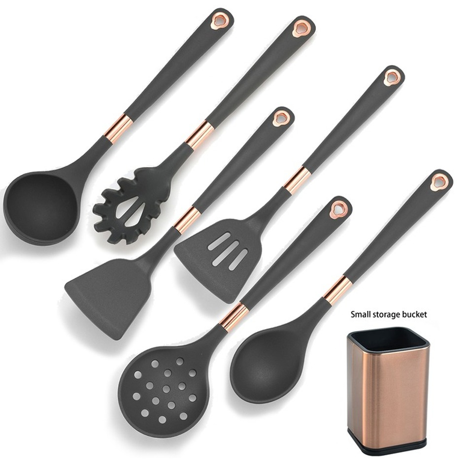 Silicone Kitchenware Set Cooking Tools Rose Gold-plated Simple Hanging Hole Easy To Store Kitchen Utensils Accessories Non-Stick: 7 PCS-4