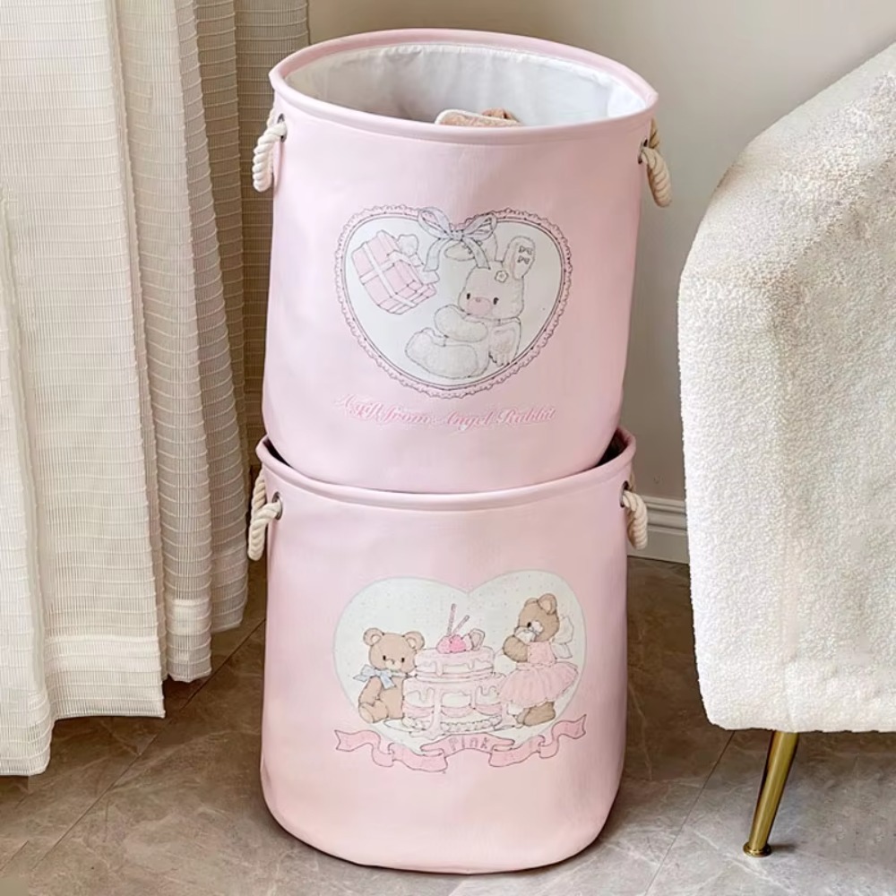 Mignon avec poignées panier à linge grande capacité dessin animé ours lapin jouets panier de rangement pliable rond panier à vêtements chambre