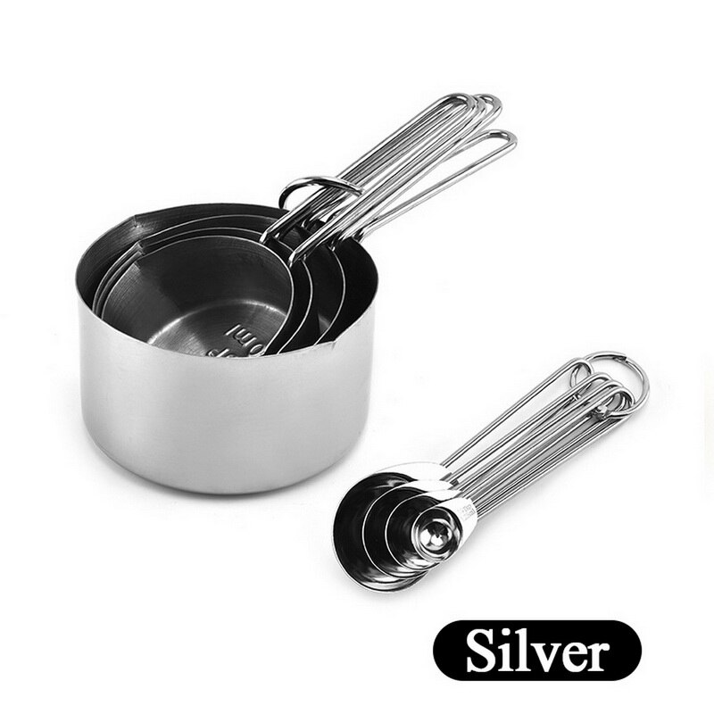 8Pcs Stainless Steel Measuring Spoons and Cups Stackable Set Stackable Measuring Set Liquid Dry Food Measurement Cup: Silver