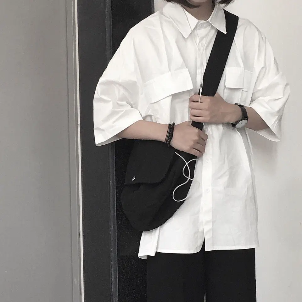 Nova moda camisa de manga curta feminina branca gola virada para baixo básico casual adolescente gril estudante camisa oversize feminina blusa solta