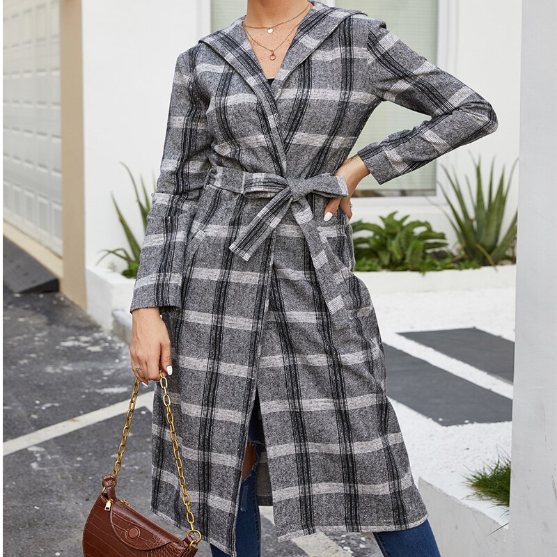 Vintage winterjas dames capuchon geruite ceintuur trenchcoat lange jas herfst lange mouw zakken casacos de inverno feminino: Grijs / M