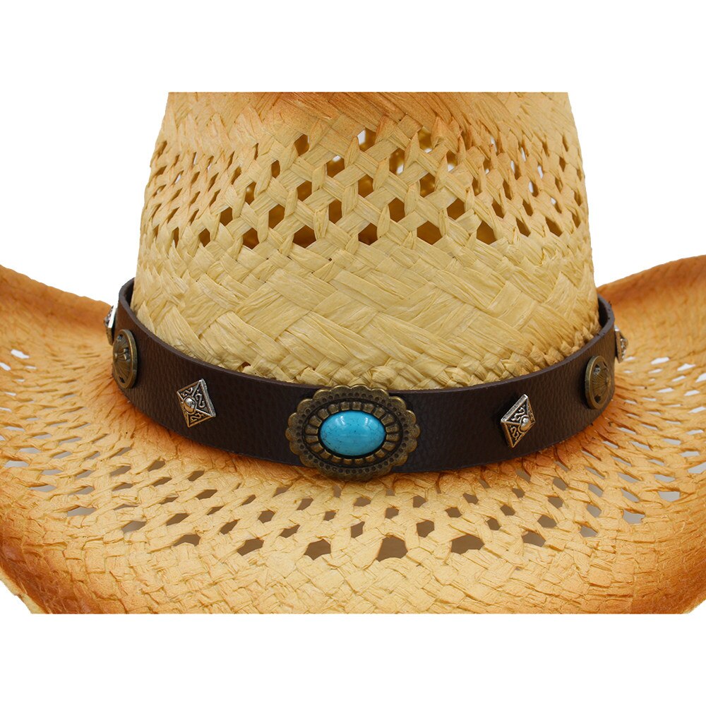 Frauen Männer Western Cowboy Hut WithLeather Punk Band Handgemachte Webart Sombrero Cowgirl Hut Größe 58 cm A0130