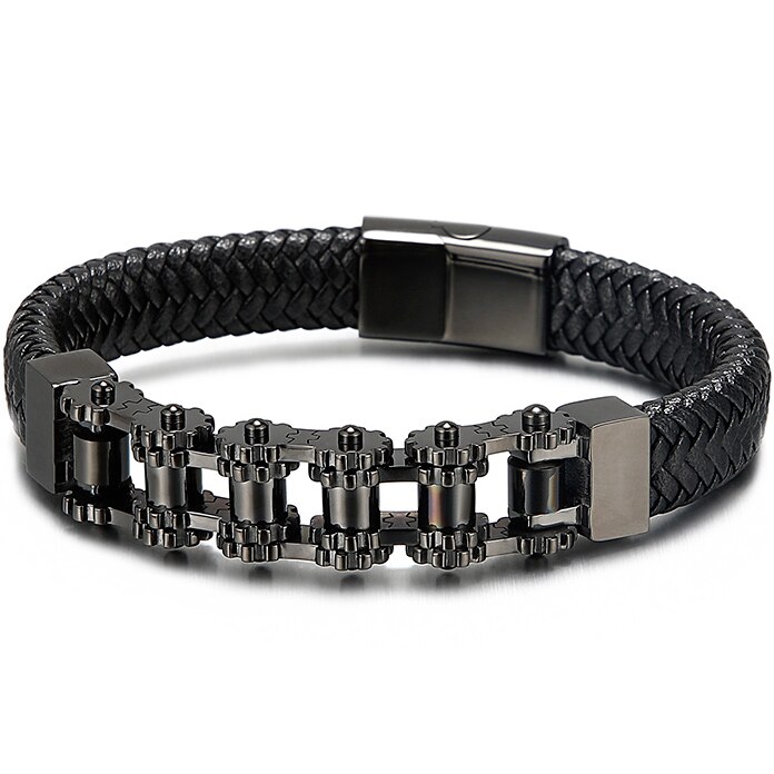 Cool Bike Chain Motorcycle Link Biker Armband Rvs & Lederen Drie Tone Manchet Bangle Armband Mannen: Black