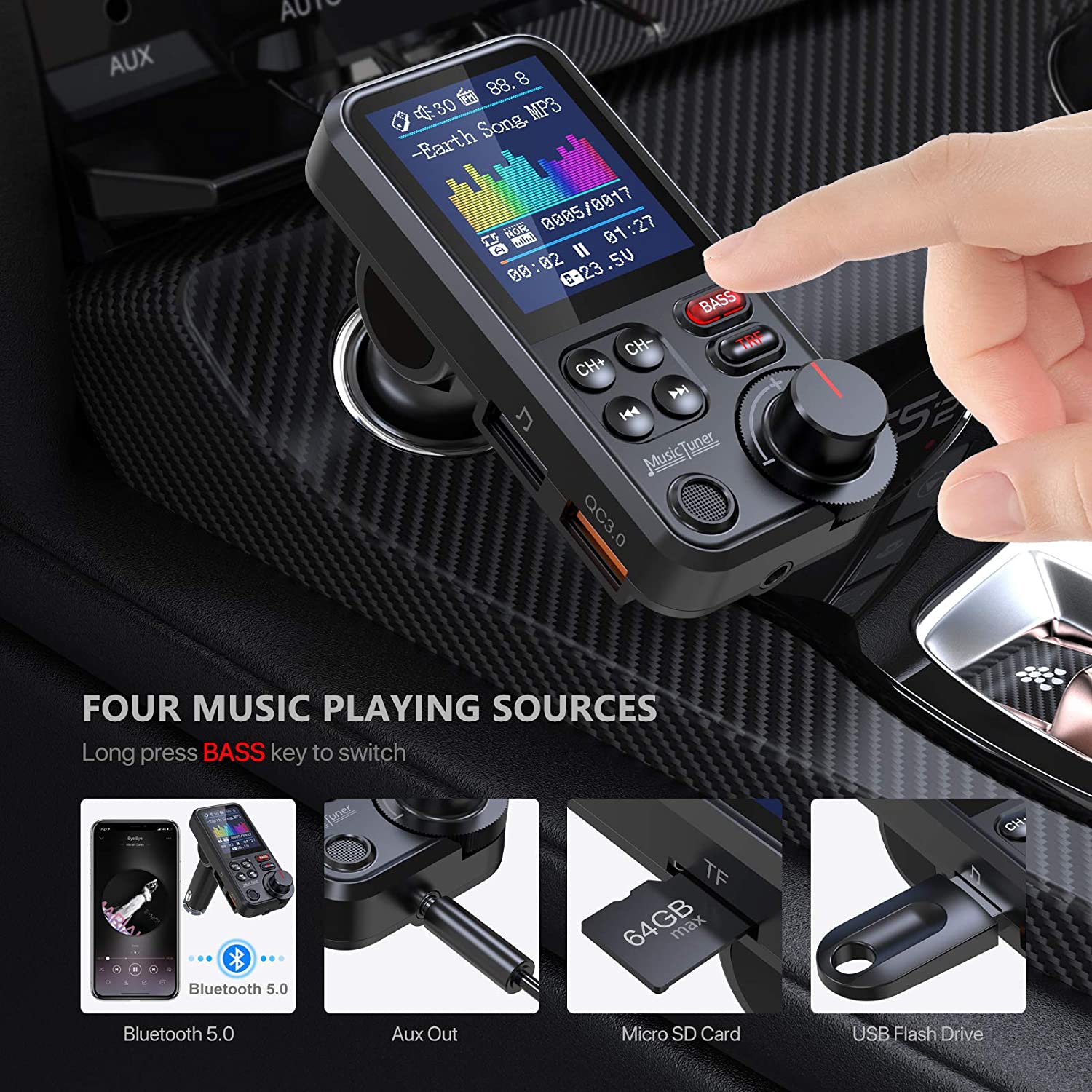 1.8&quot;Wireless Car Bluetooth FM Transmitter Aux Supports QC3.0 Charging Treble and Bass Sound Music Player