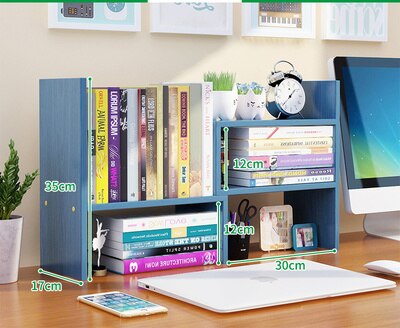 Wooden Desk Organizer Stationery Students Simple Wooden Bookshelf Office School Mini Bookcase Desktop Rack With Screwdriver: blue