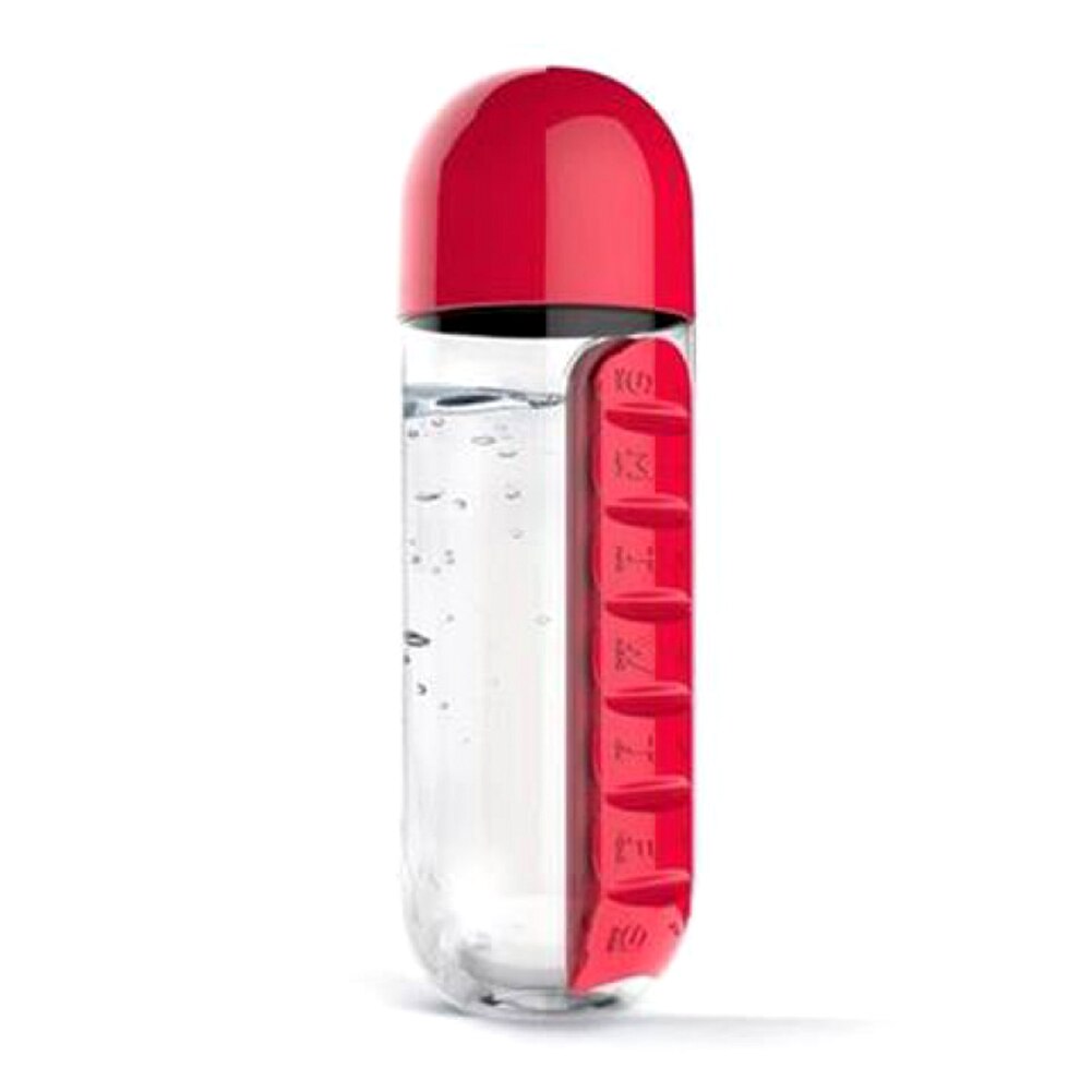 600ml 2 in 1 daglig pilleæske vandflaske rejsepille arrangør drikke kopper medicinbeholder boks stor kapacitet: Rød