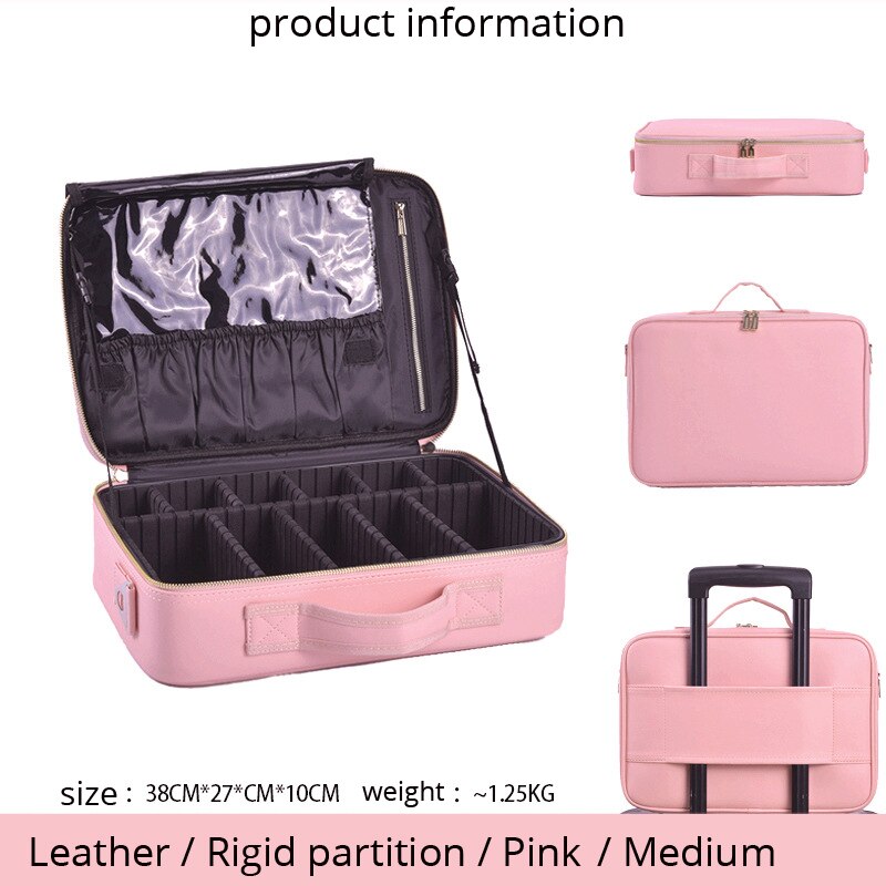 Organizador de maquillaje de gran capacidad para mujeres, caja de almacenamiento de Neceser cosmético de multicapa, Bonito traje portátil: PINK-M