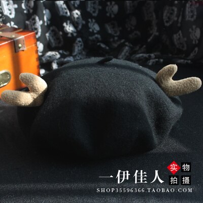 Japanse afdeling complex gubei lei hoed dames herfst en winter zuiver wol mooie gewei kersthoed schildershoed knop baret: Zwart