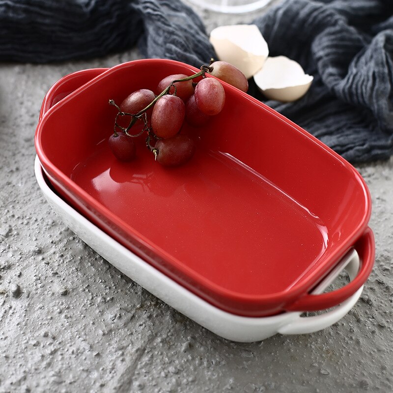 Oval Ceramic Binaural Baking Tray Home Soup Plate Red and White High Temperature Resistant Baked Rice Plate