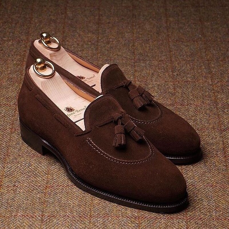 Hommes Faux daim cuir talon bas robe à franges mocassins à enfiler chaussures peu profondes Vintage classique mâle chaussures décontractées Tv883