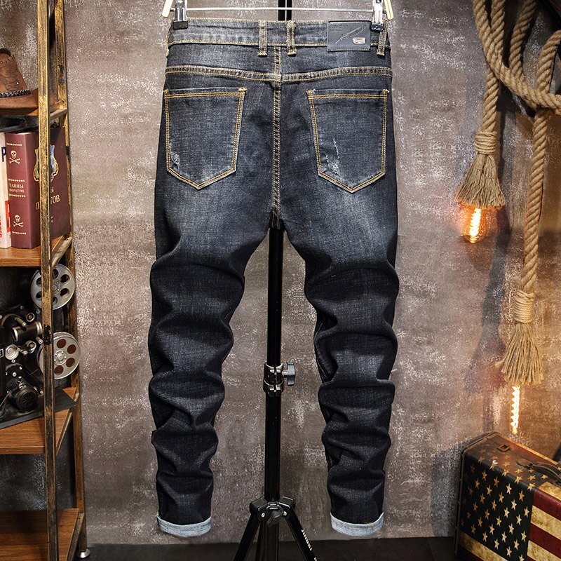 Stretch Slim Men's Grey Jeans Punk Hole Red Patch Pants Ripped Skinny Tore Up Jeans for Men Ankle Pants Streetwear