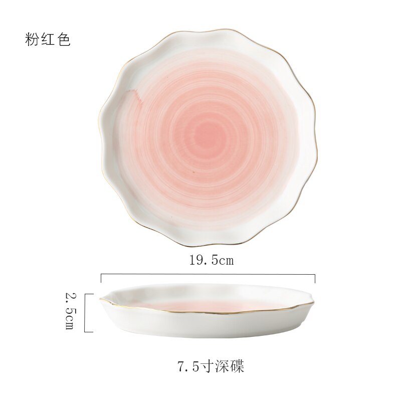 European Style Gold Rim Spot Ceramic Plate Rice Dish Fish Dish Steak Dish Western Dish Dessert Plate Tableware Set Decoration: 7.5 inch pink