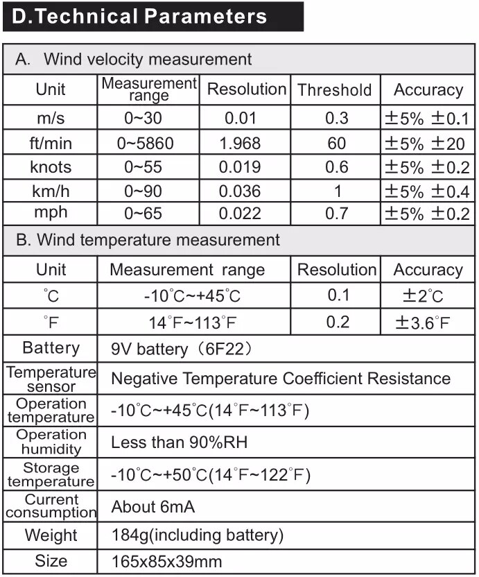 Wind temperature and wind speed meter with LED backlight and wind cold indicator
