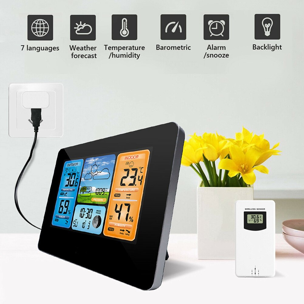 Multifunctional Digital Weather Alarm Clock LCD Wireless Calendar Thermometer Forecast Station Clock For Indoor Outdoor US Plug