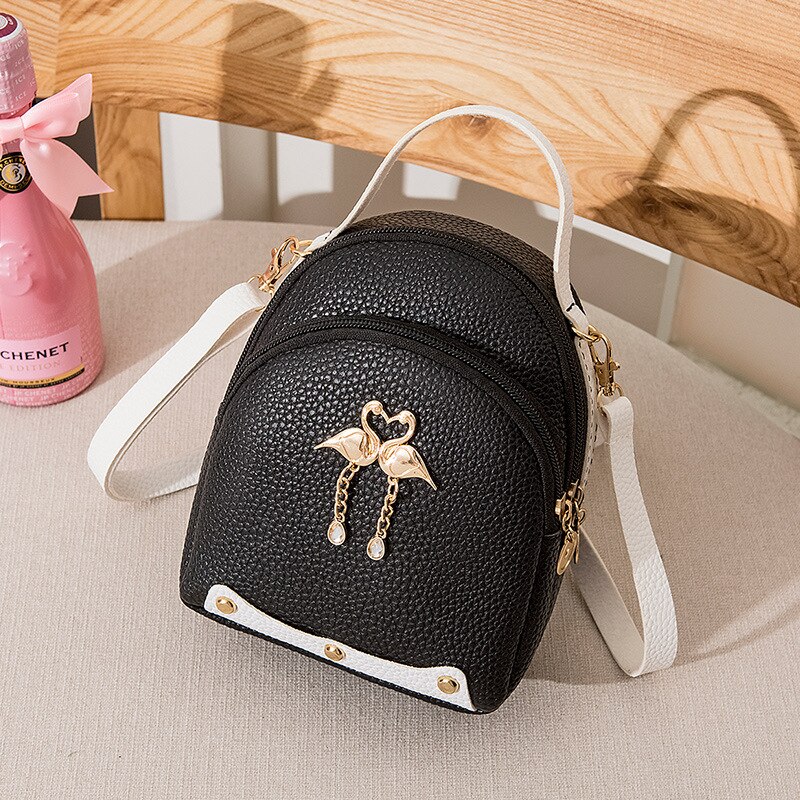 Women's Solid Color Leather Little Swan Backpack Shoulder Bag Mini Backpacks For Girls Small Backpack Women: Black