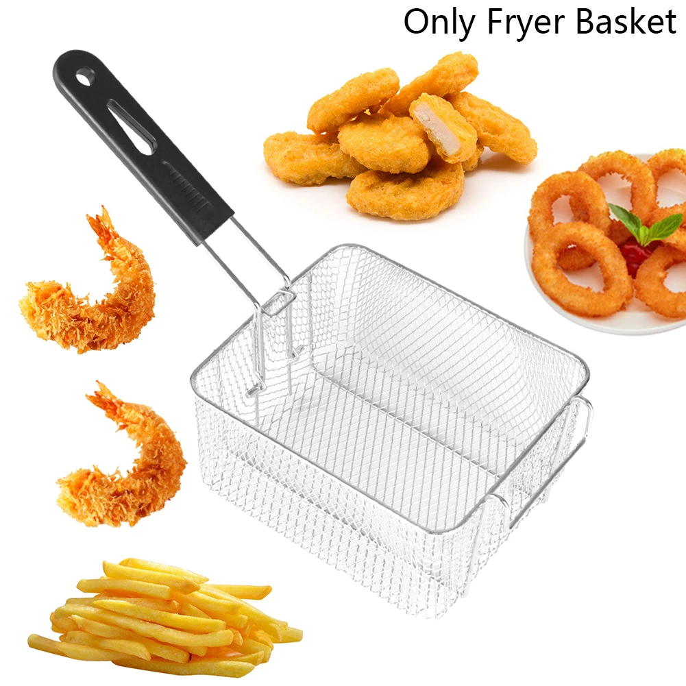 Cesta desmontable para freidora portátil, práctica, ligera, de acero inoxidable, mango seguro para cocina, patatas fritas profundas, camarones, fácil de limpiar