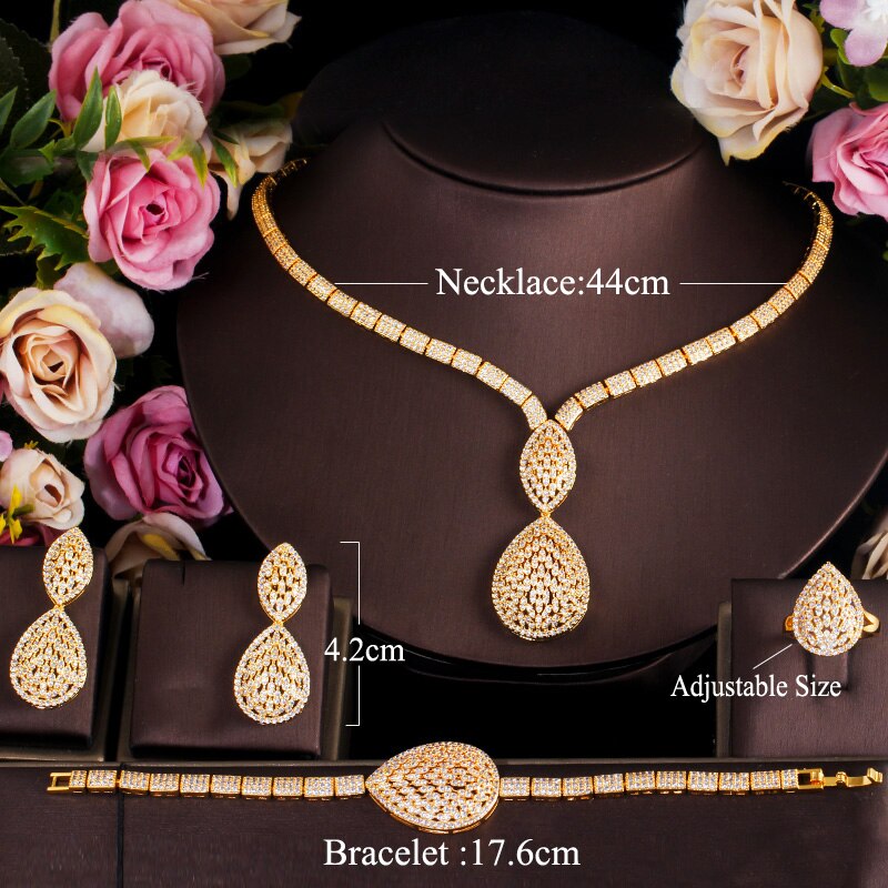 Threegraces Luxe Goud Kleur Dubai Bruids Bruiloft Sieraden Zirconia Grote Druppel Ketting Oorbellen Armband Ring Sets TZ509