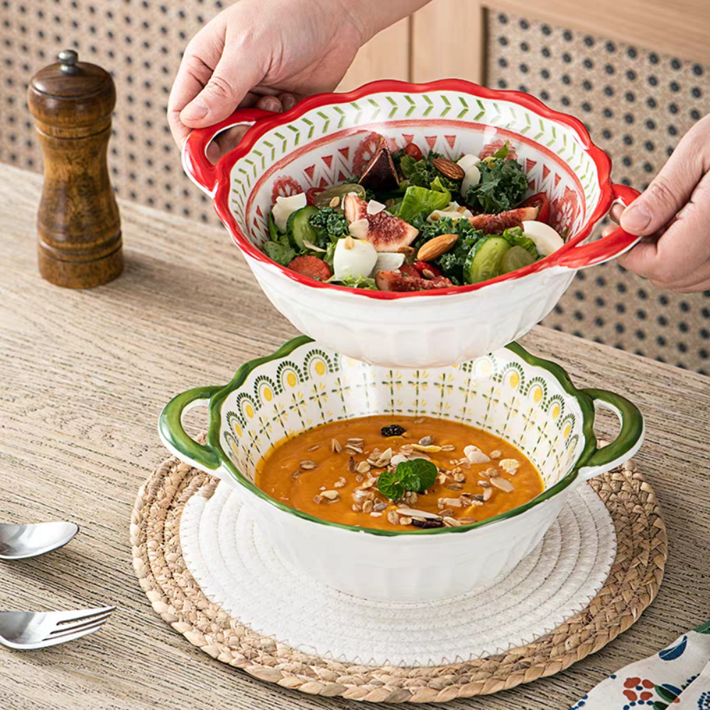 Lovely large capacity ceramic soup bowl with handle Suitable for salads, fruits, pasta, desserts, etc Suitable for the oven