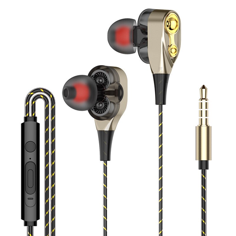 Dual Speakers Double Moving Coil Mobile Phone Computer Universal Bass Headphones In-ear: S1 Dual Speakers Gold   Ear Cap