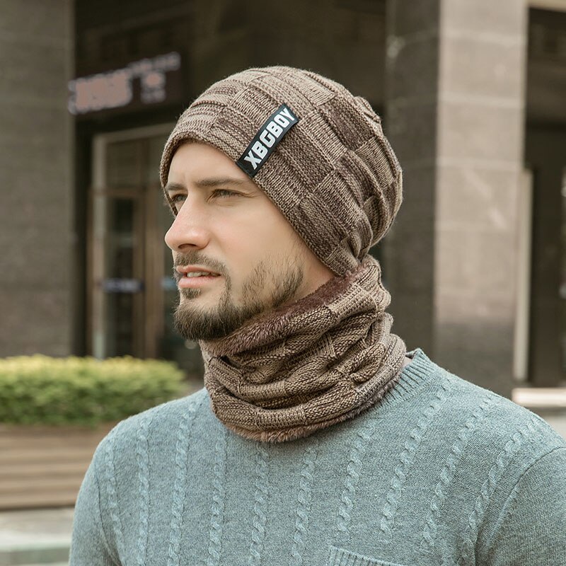 Vinter mössor scarf set varm stickad mössa döskalle halsvärmare med tjock fleecefodrad vintermössa och halsduk för män kvinnor: Kaki