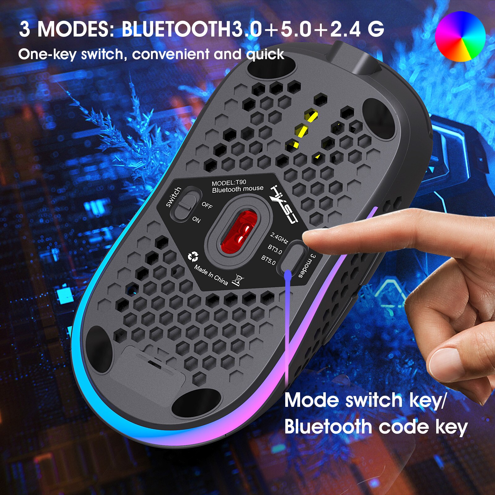 HXSJ Hole Cooling Mouse 2.4G Bluetooth Three-mode Mouse 3600DPI Adjustable RGB Light Can Turn Off the Light for Notebook PC