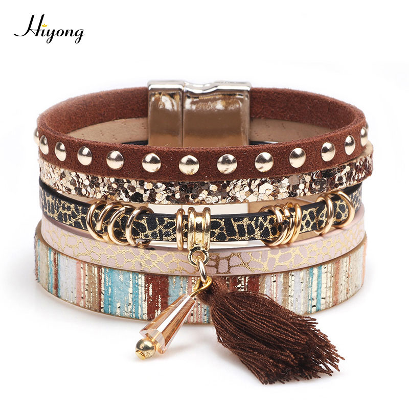 bohème daim cuir Bracelet Boho cristal glands multicouche en cuir Bracelet aimant boucle Bracelet pour les femmes: 004