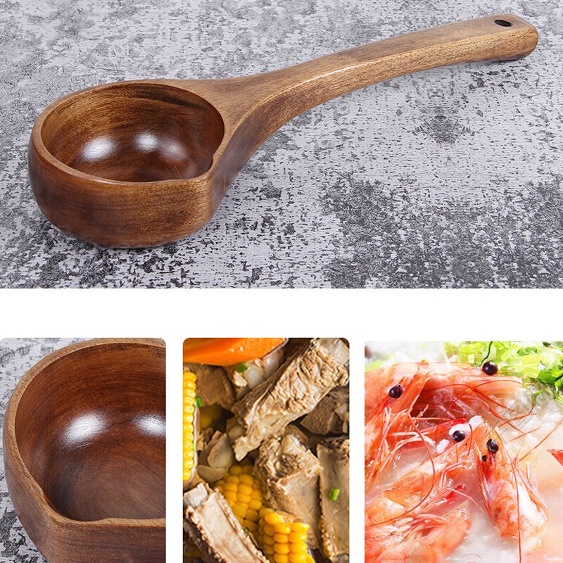 Vacclo 1pc Wooden Big Soup Spoon Long Handle Porridge Cornmeal Scoop Water Ladle Kitchen Tableware Cooking Utensil Tool