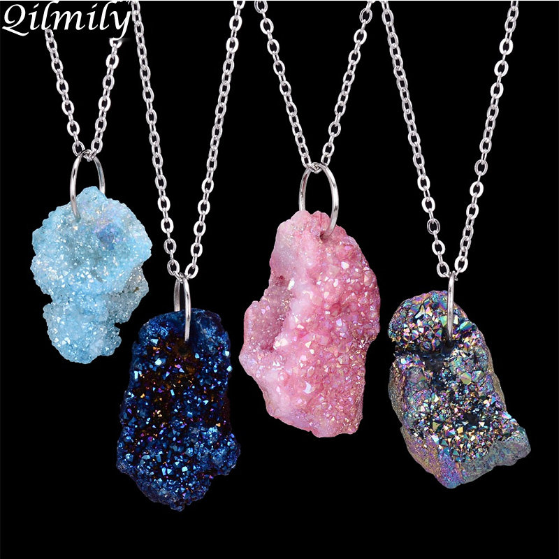 Onregelmatige Natuursteen Quartz Crystal Hangers Kettingen voor Vrouwen Drusy Druzy Zilver Kleur Chain Verklaring Ketting Sieraden