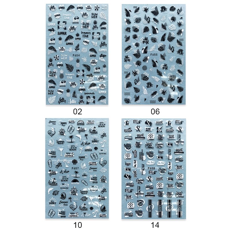 4 stk sommer nail art klistermærker blade bogstav geometrisk 3d selvklæbende skyder negle dekoration guld sort hvid manicure folie sæt: 05