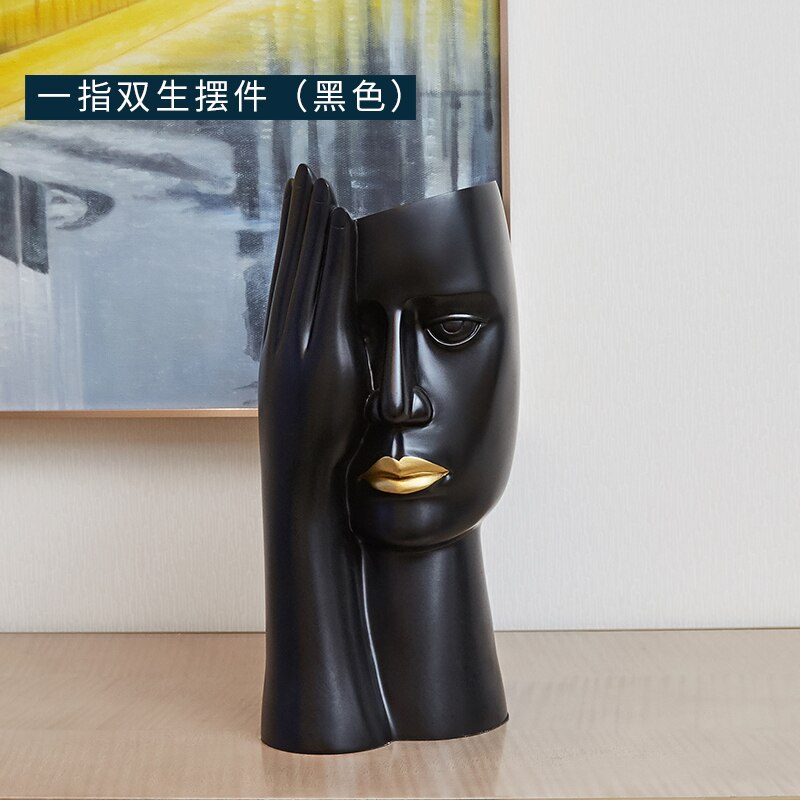 Minimalistisk portræt vaser harpiks skulptur sort menneskehoved vase blomsterpotte kontor skrivebord indretning blomster arrangement boligindretning: B