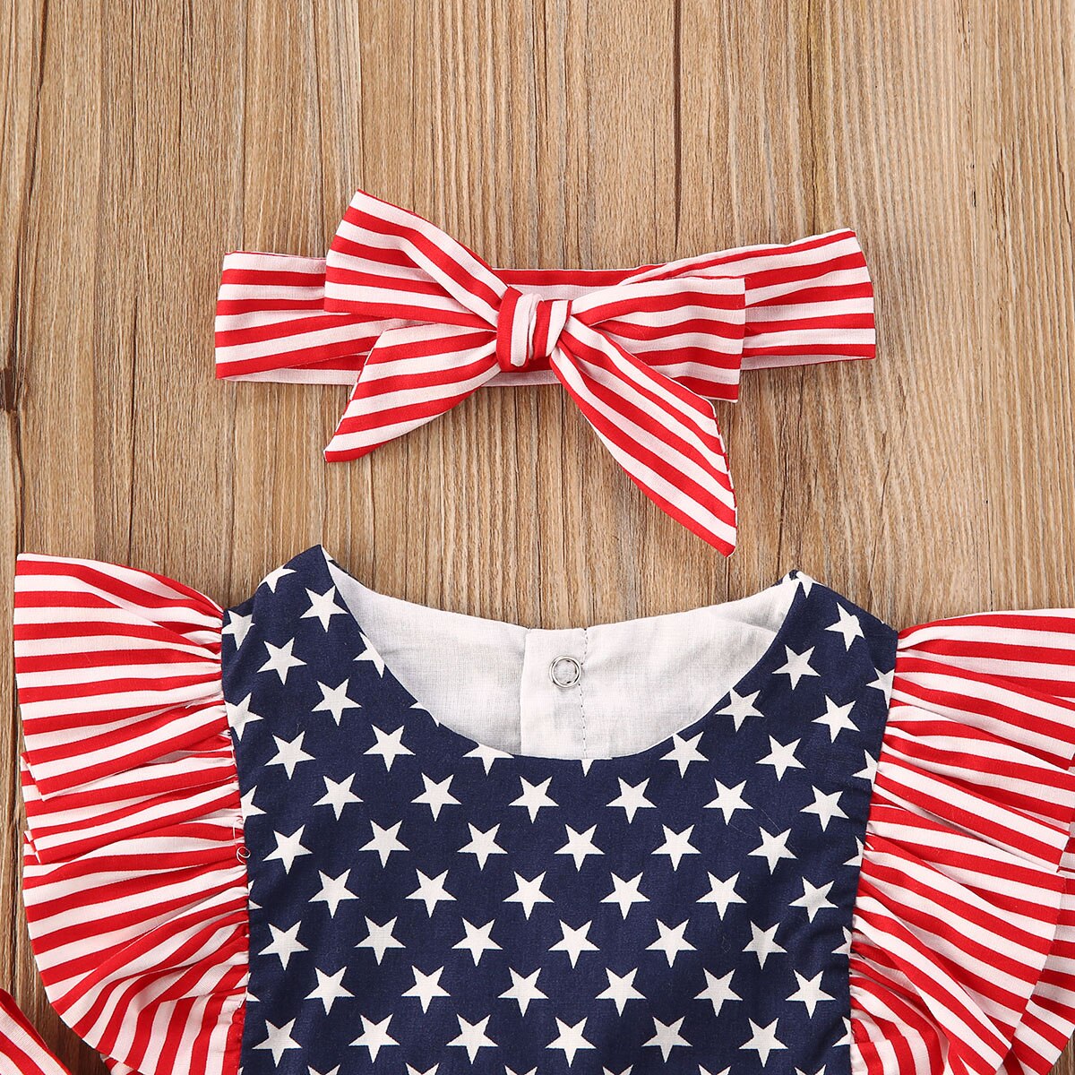 Independence Day Little Baby Girls Boys Bodysuits Star Striped Print Ruffles Bow Toddler Infant Jumpsuit With Headband 2pcs Suit