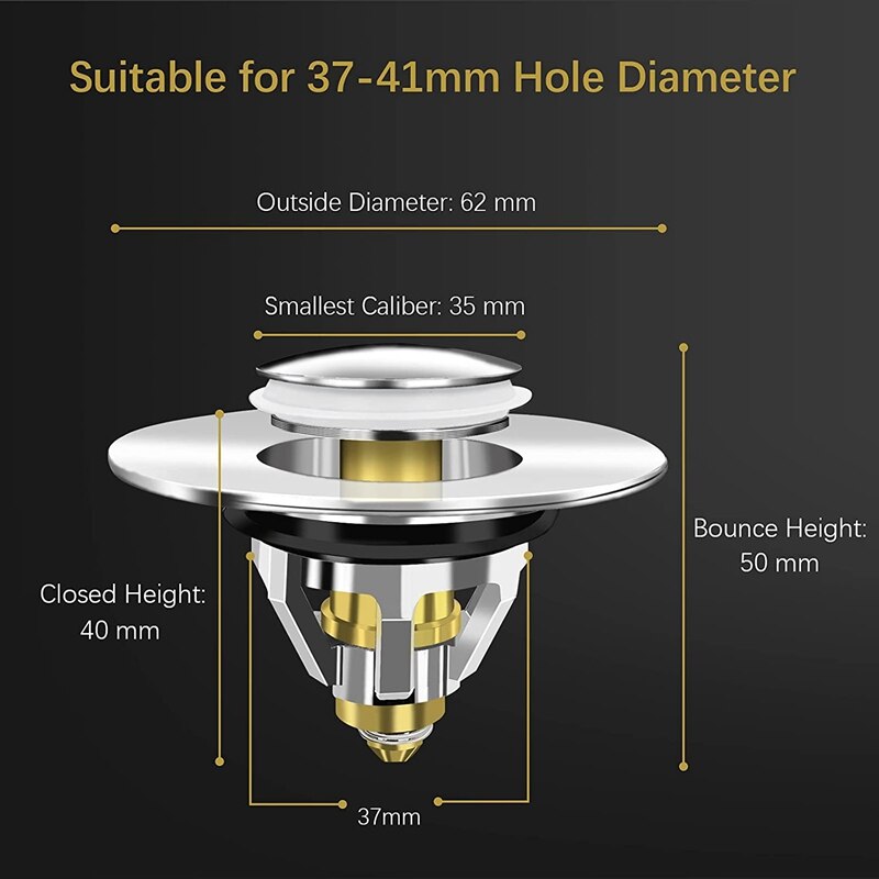 Washbasin Plug,Universal Push-In Bounce Core Sink Spring Drain Plug For Washbasins Kitchen Bathroom,Drain Hole 37Mm