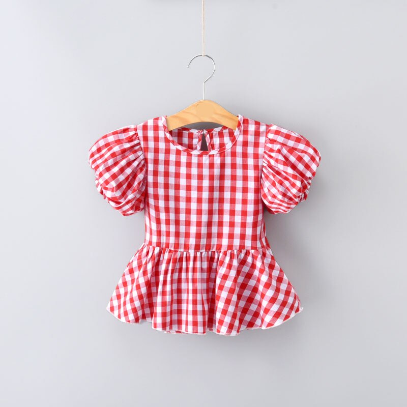 Girls Blouses Cotton Children Tops Summer School Girl Blouse Kids Clothes Girls Shirt Short Sleeve infant toddler plaid: red / 8T