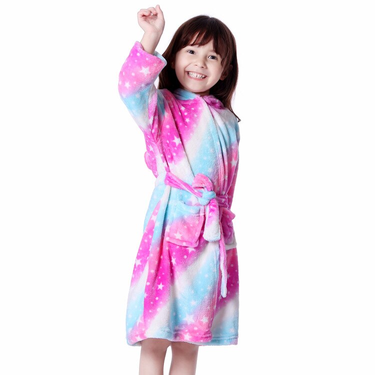 Meisjes Soft Gezellig Cartoon Eenhoorn Kamerjas Pyjama Nachtkleding Leeftijden 2-13 Jaar Kinderen Nachthemd Een Stuk Meisjes Kleding: Pink Starry Robe / 8-9Y