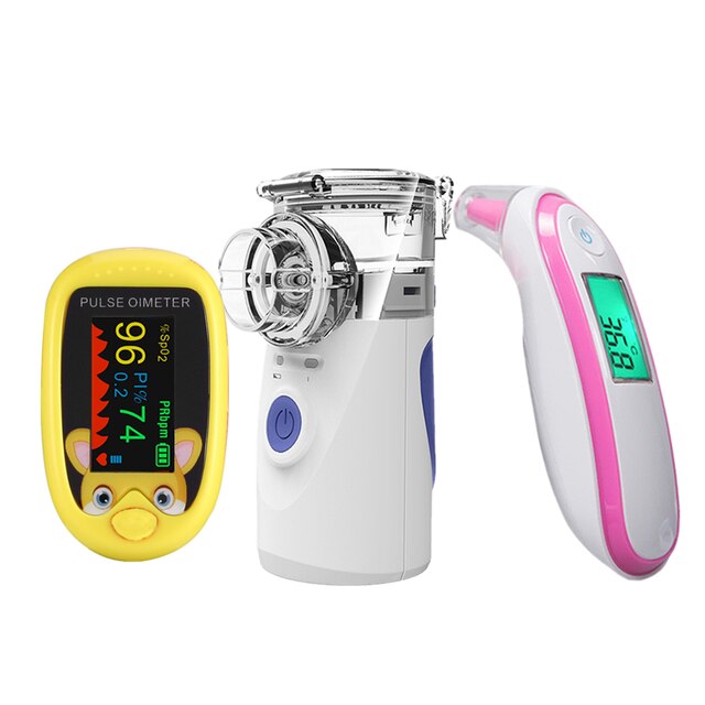 Oxímetro de dedo recargable para bebé, termómetro infrarrojo digital, Mini inhalador silencioso portátil, nebulizador: yellow blue pink