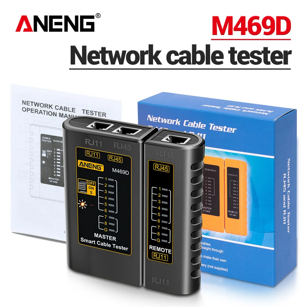 Nettverkskabeltester aneng  m469d kabel lan-tester  rj45 rj11 rj12 telefon cat 5 utp lan-kabeltester nettverksreparasjonsverktøy: Svart
