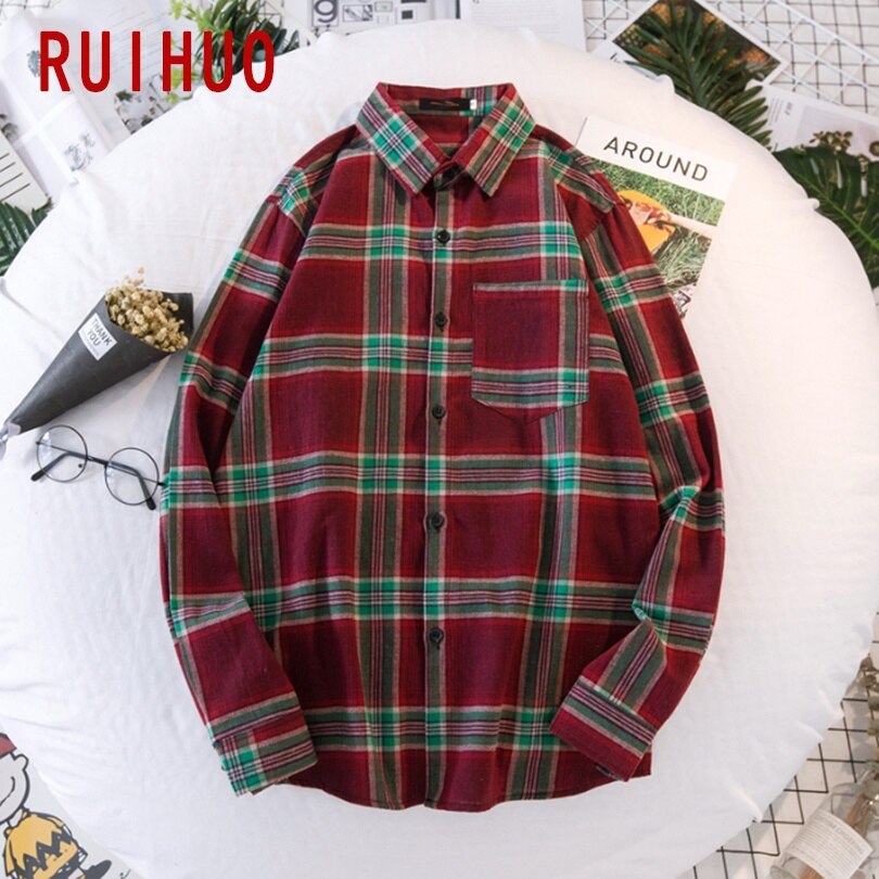 Ruihuo våren lange ermer rød rutete skjorte herre slim fit bomull fritidsskjorter herre klær merke pluss størrelse m -3xl